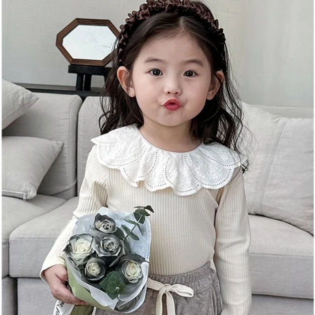 儿童韩系弹力长袖娃娃领打底衫春秋小童内搭上衣女童坑条花边体恤