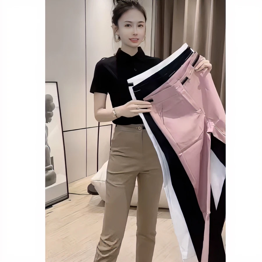 气质显瘦百搭洋气西装裤时尚直筒九分正装裤开叉口小脚高腰西装裤