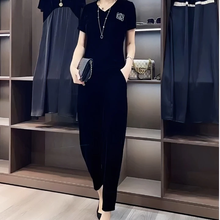 新款套装休闲显瘦气质V领洋气上衣+黑色减龄宽松小脚裤九分裤阔腿