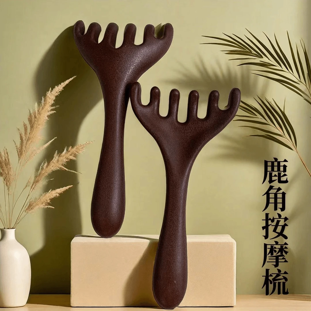 2024新款树脂鹿角头部按摩器六齿肩部头皮经络按摩梳五指按摩梳Q