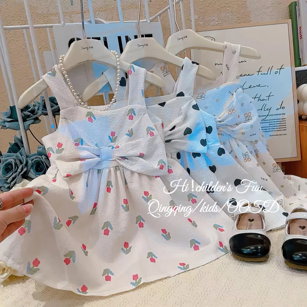 儿童背心  蝴蝶结 碎花吊带裙 洋气百搭公主裙