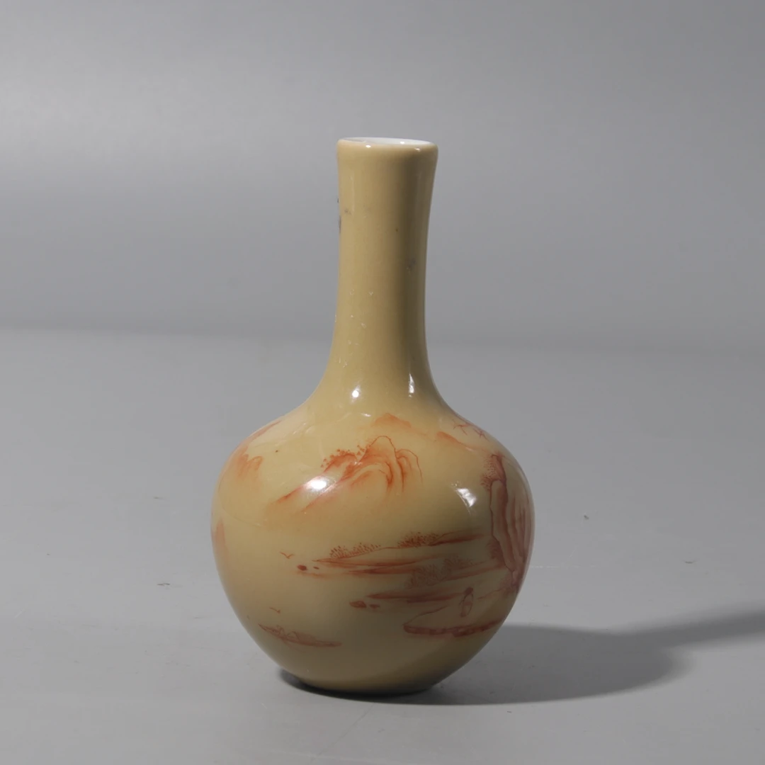 米黄釉矾红山水纹小天球瓶 H408-046