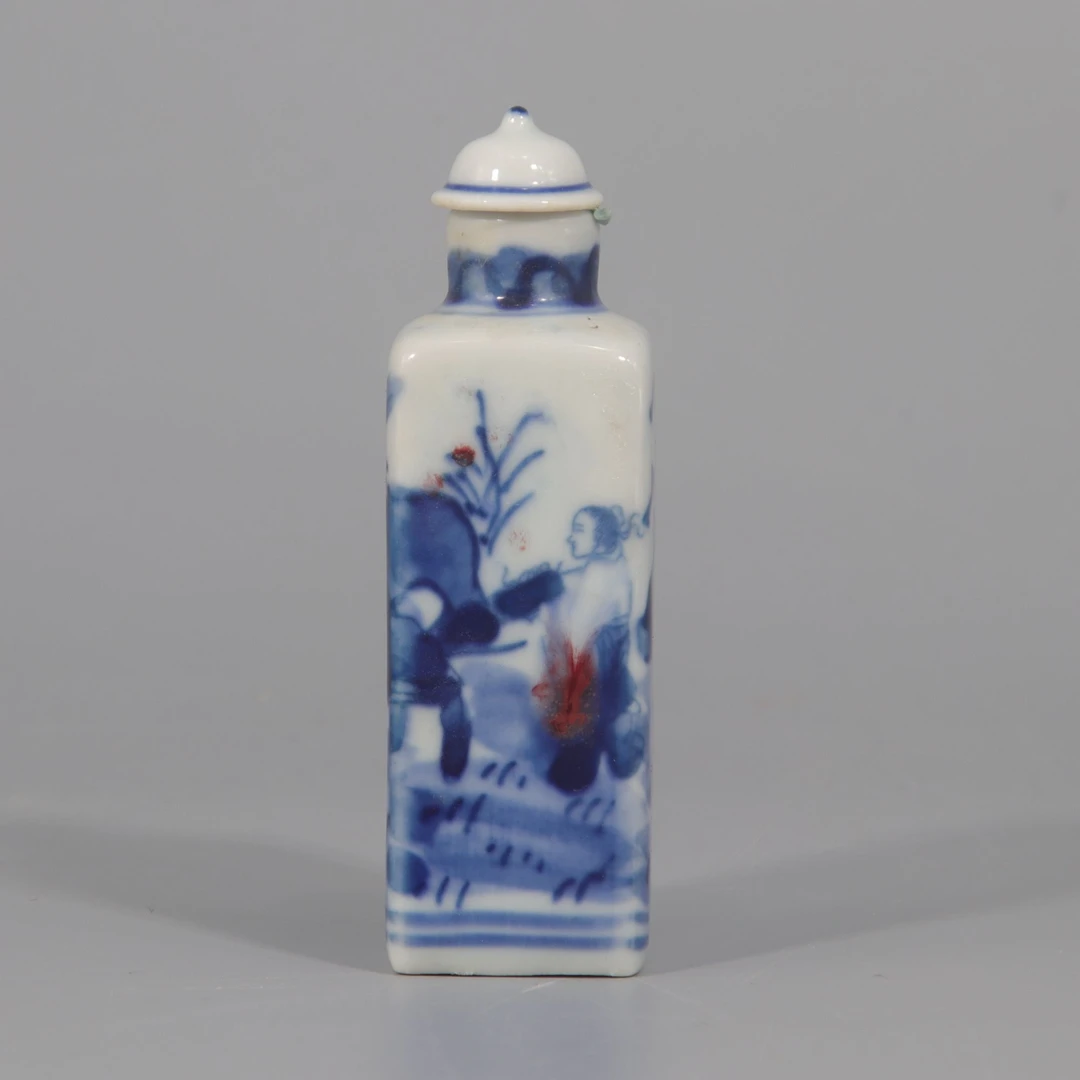 青花釉里红人物纹四方鼻烟壶  H404-591