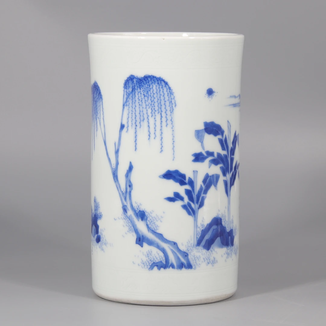 青花秋游图笔筒   H409-275