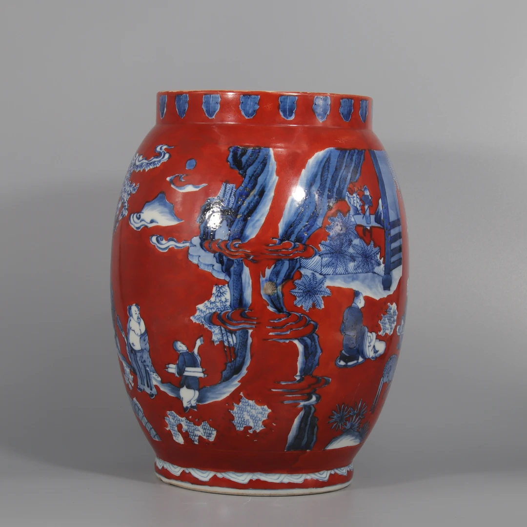 矾红地青花五老图莲子罐   H405-187