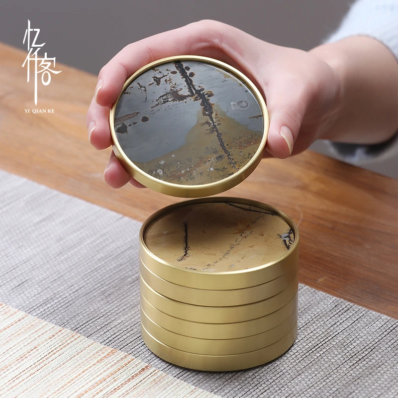 忆仟客创意功夫茶杯垫隔热垫纯铜镶嵌国画石家用功夫茶具茶道配件