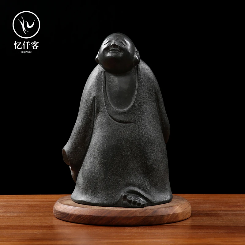 忆仟客天然乌金石手工雕刻笑佛摆件精品可养客厅禅趣茶宠大小件