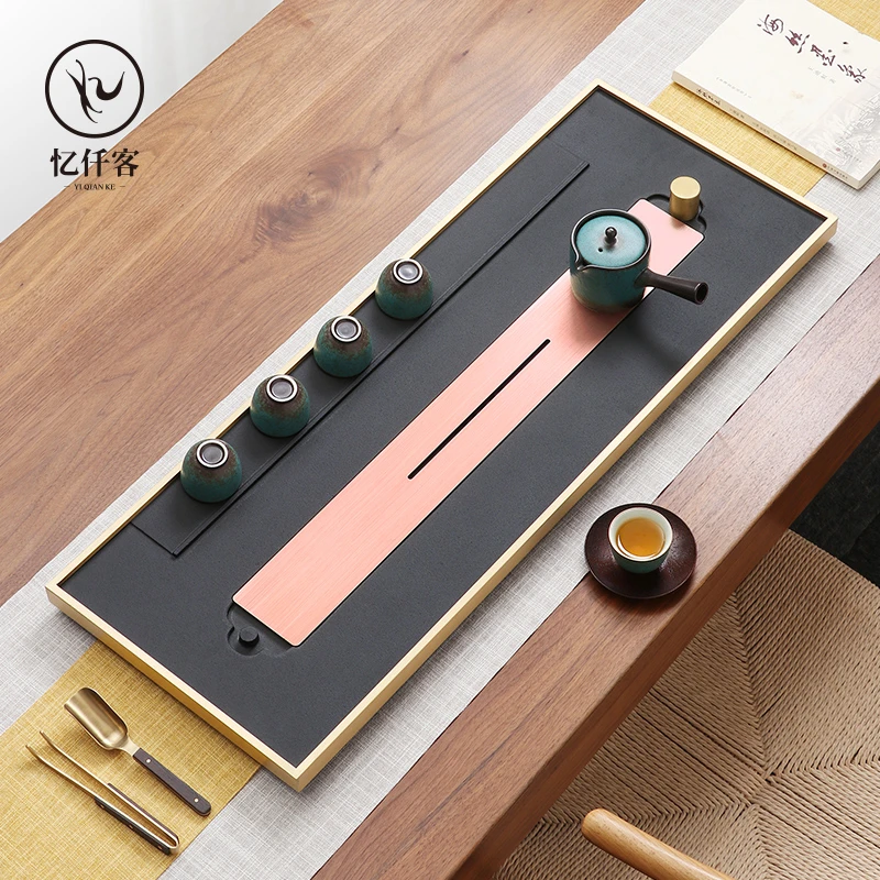 忆仟客天然乌金石茶盘家用办公室轻奢现代简约黄铜石头茶台茶具