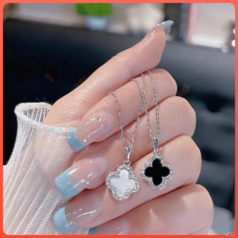 坠链均925银贝壳 贝壳小众四叶草项链吊坠幸运轻奢黑白26毛衣链