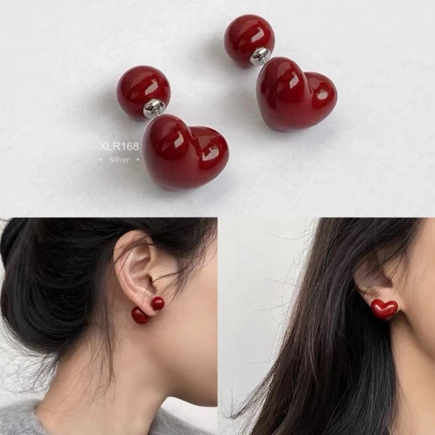 非金属树脂耳饰 过年耳饰安可拉红纯银百搭爱心耳环简约睡觉免摘