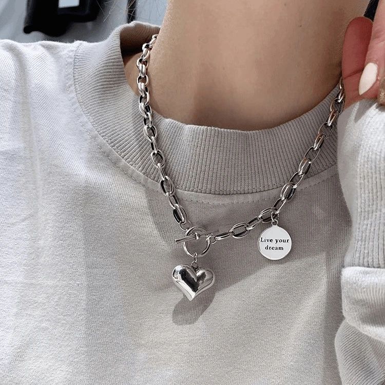 坠链均925银 梦想成真OT扣复古重工版项链女ins圆牌个性锁骨链x38
