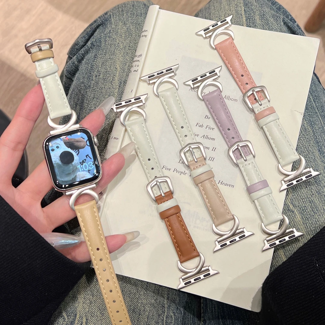 适用苹果iwatchs10手表带秋冬applewatch真皮s9星光8拼色se小牛皮