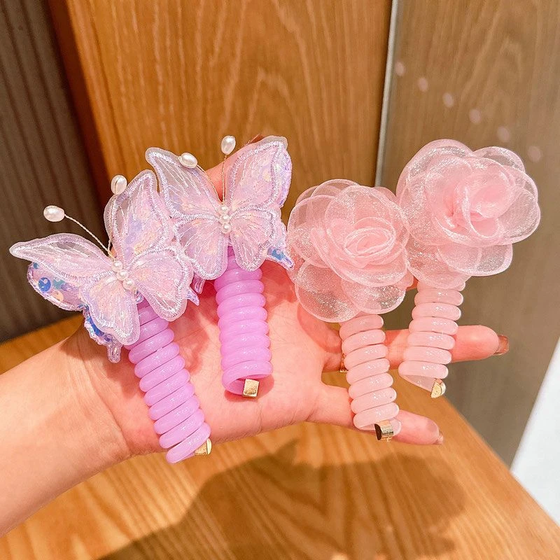 儿童发绳电话线发圈可爱公主不伤发蝴蝶束发夏季小女孩双马尾头花