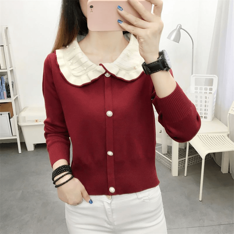 娃娃领软糯风打底衫女2023秋冬女装新款宽松洋气内搭短款上衣