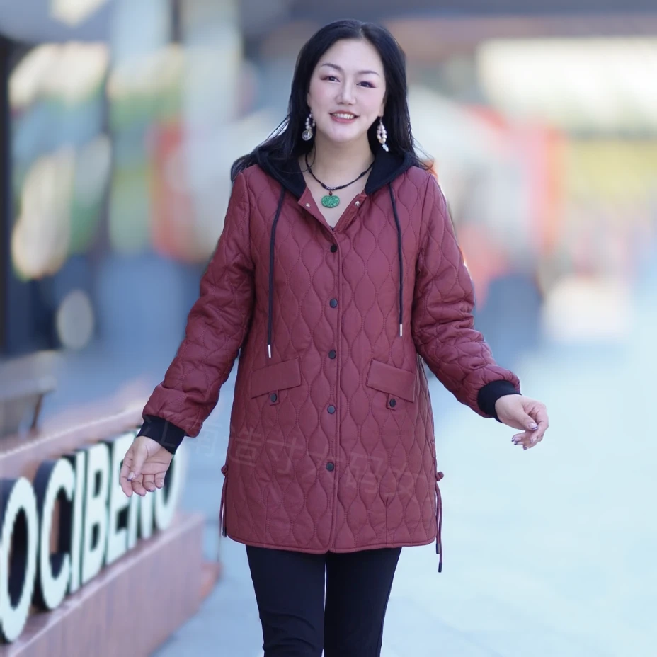 江南造寸大码连帽皮棉外套女士新款中长款休闲显瘦气质妈妈装8556