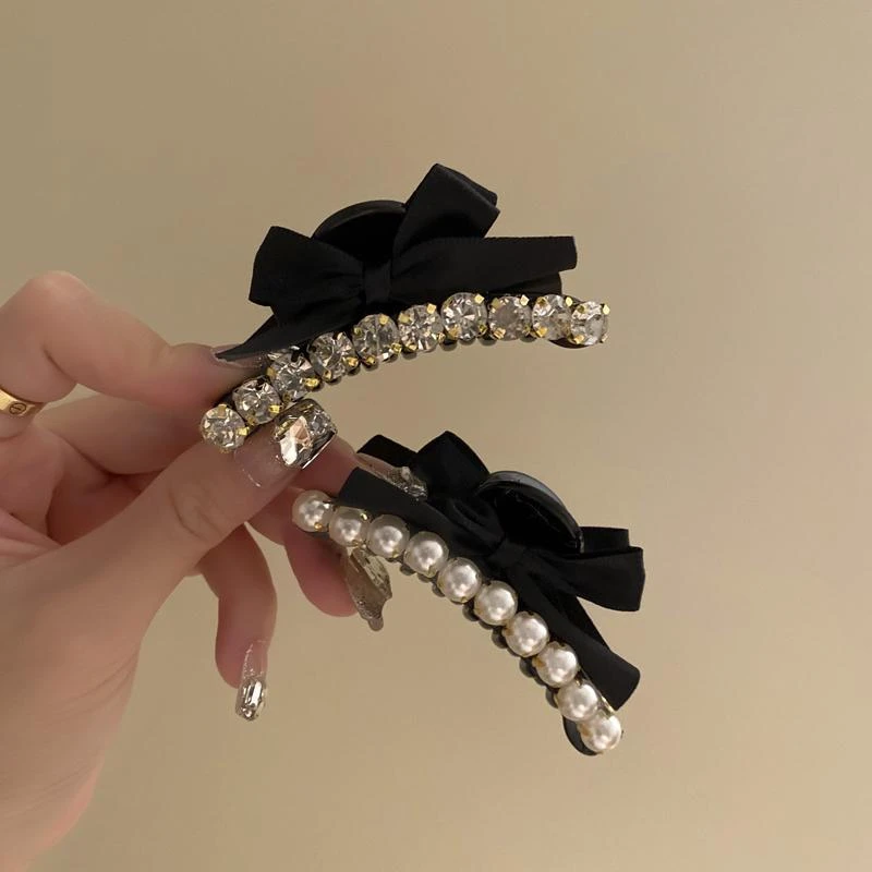 优雅贝珠小抓夹发卡黑色发夹网红双面蝴蝶结刘海小夹子气质法式