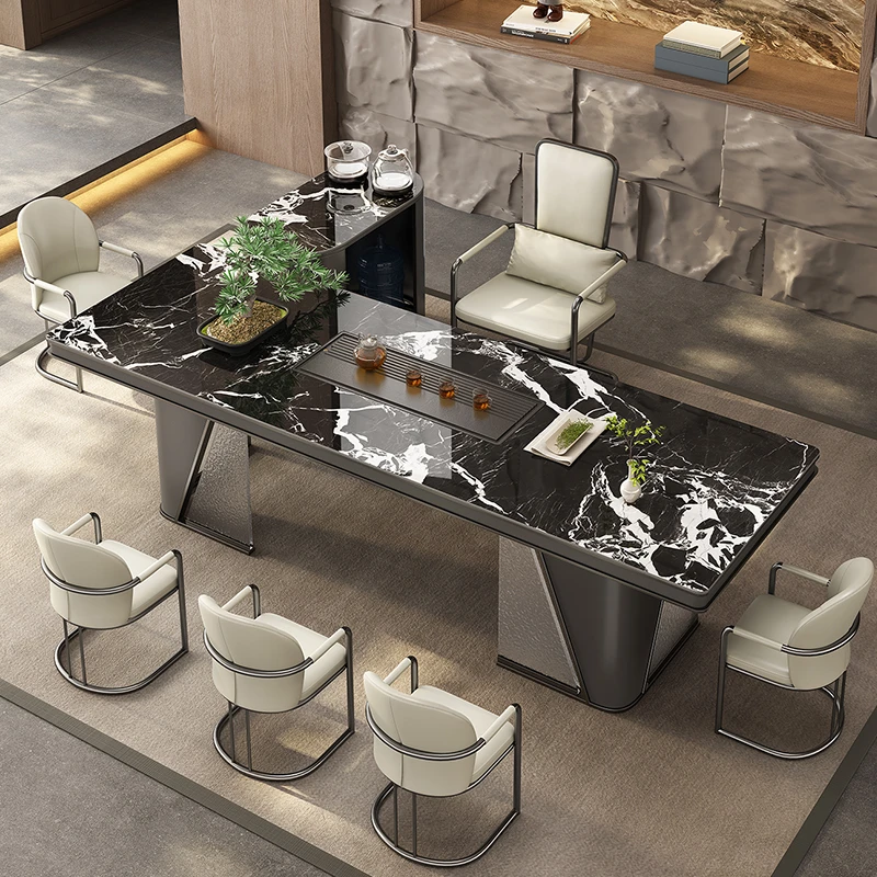 奢石岩板茶台茶桌椅组合宝格丽黑现代高端别墅创意办公功夫泡茶桌