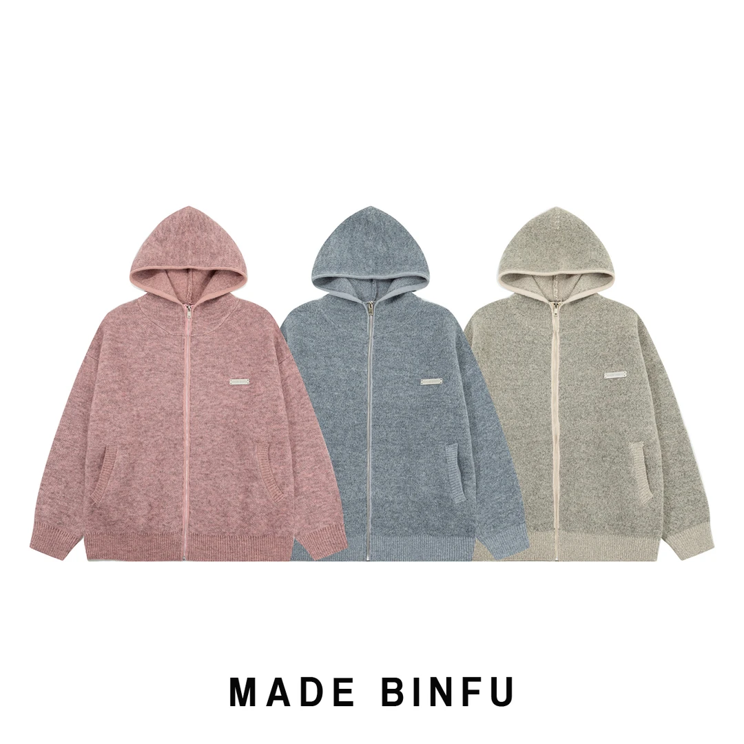 BINFU KK秋装男女同款拉链开衫连帽毛衣 国潮牌宽松灰色带帽上衣