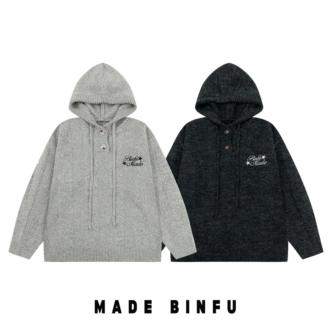 BINFU2024年秋季新款连帽男女同款宽松百搭混色复古风连帽毛衣