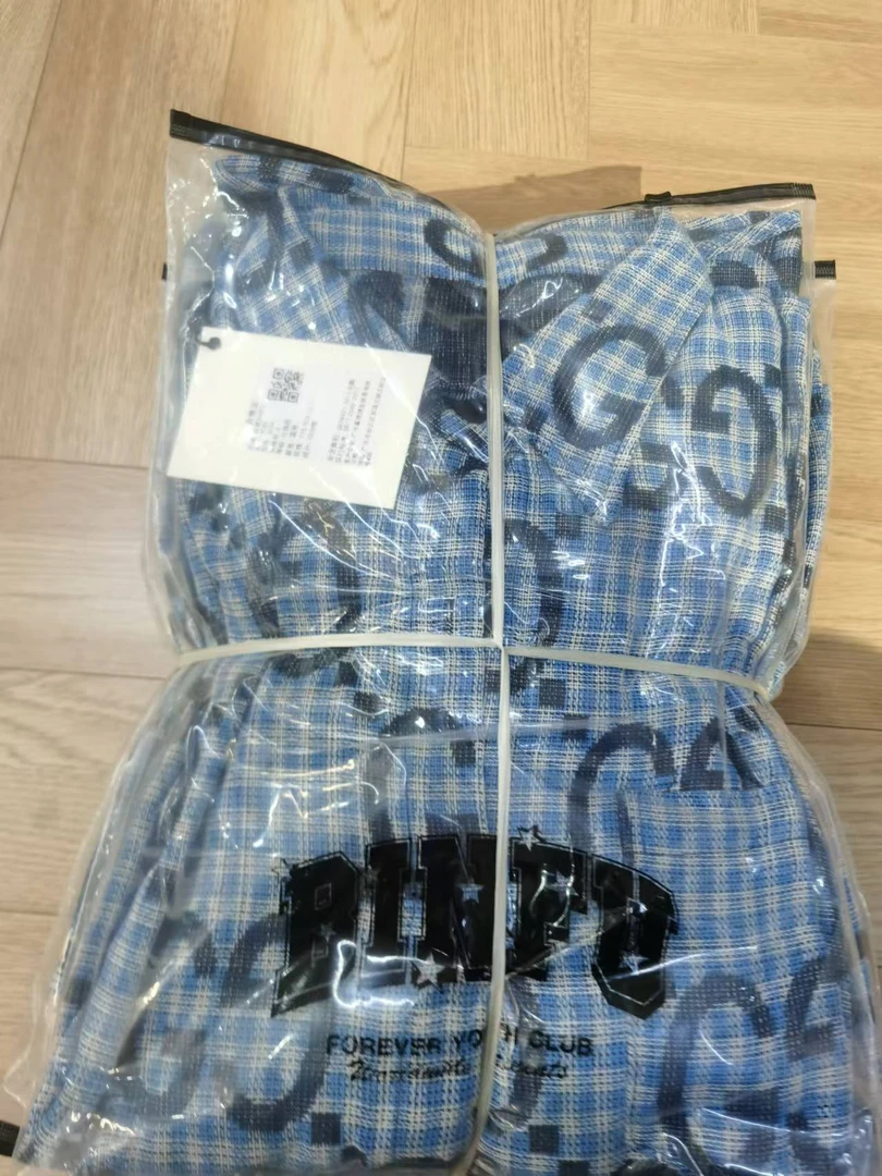 BINFU 国潮定制面料秋装新款轻奢气质男女通宽松蓝色格子长袖衬衫