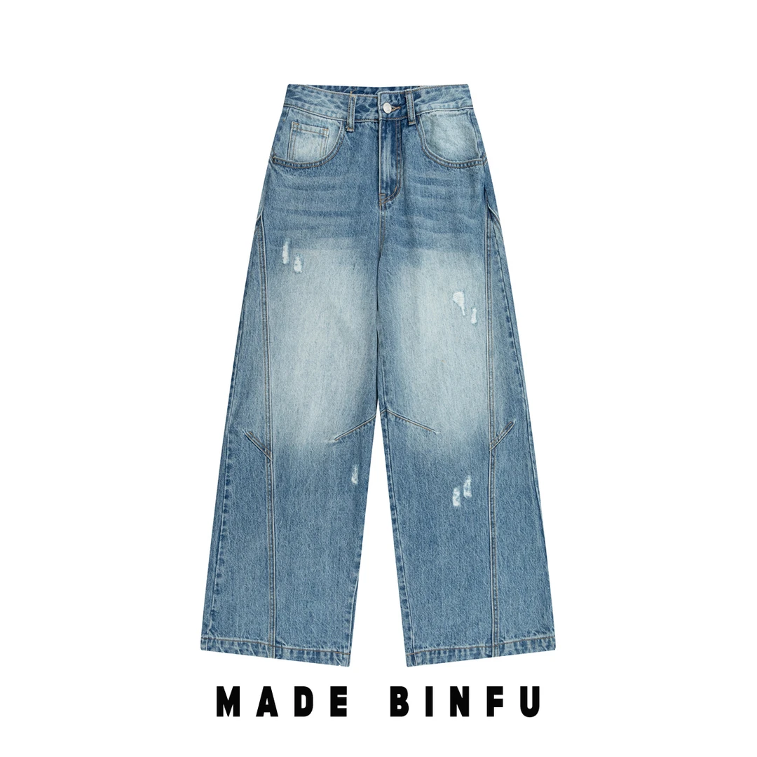 BINFU 新款设计感男女同款复古水洗做旧立体裁剪弯刀牛仔裤