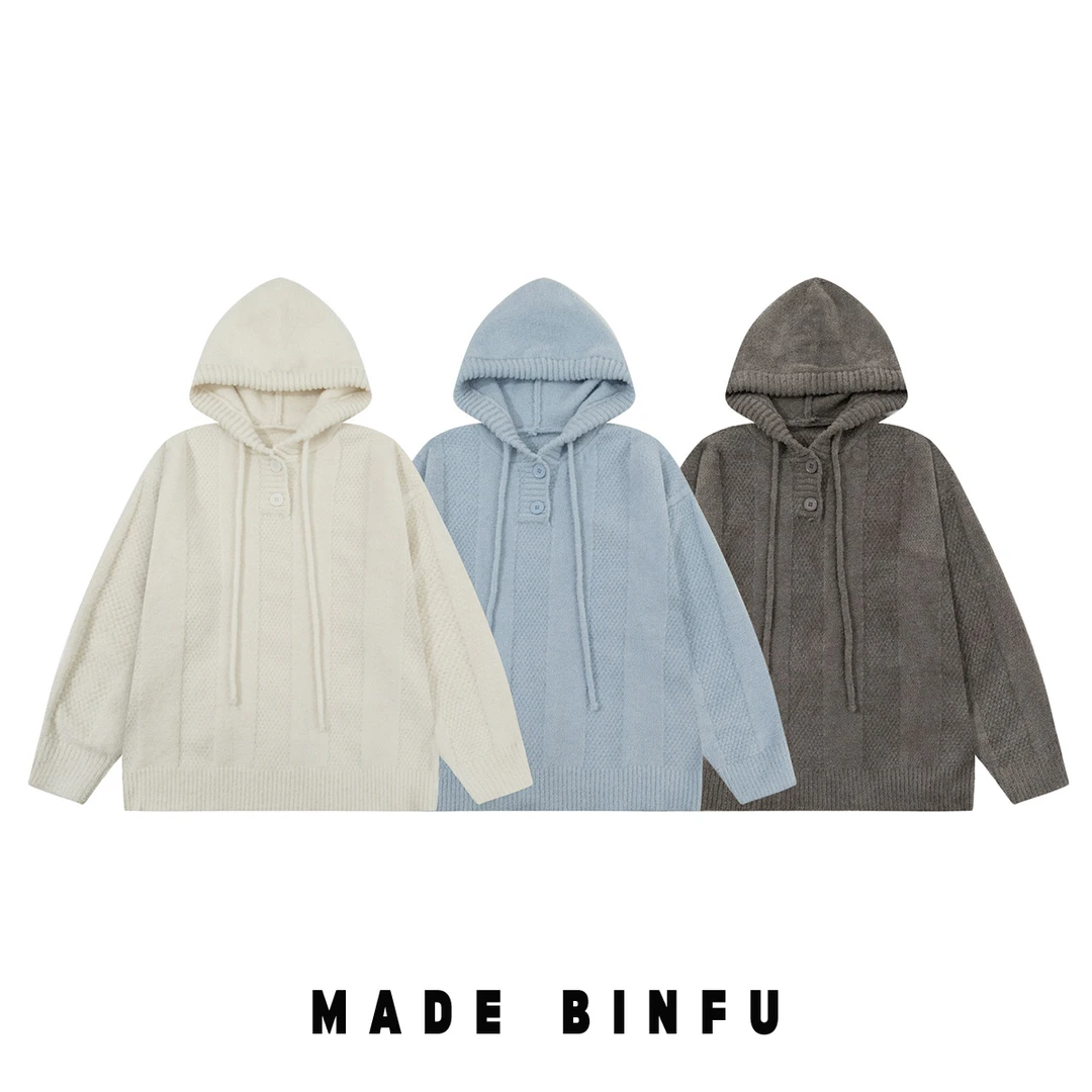 BINFU 2024年秋冬新款简约百搭休闲男女同款纯色提花宽松连帽毛衣