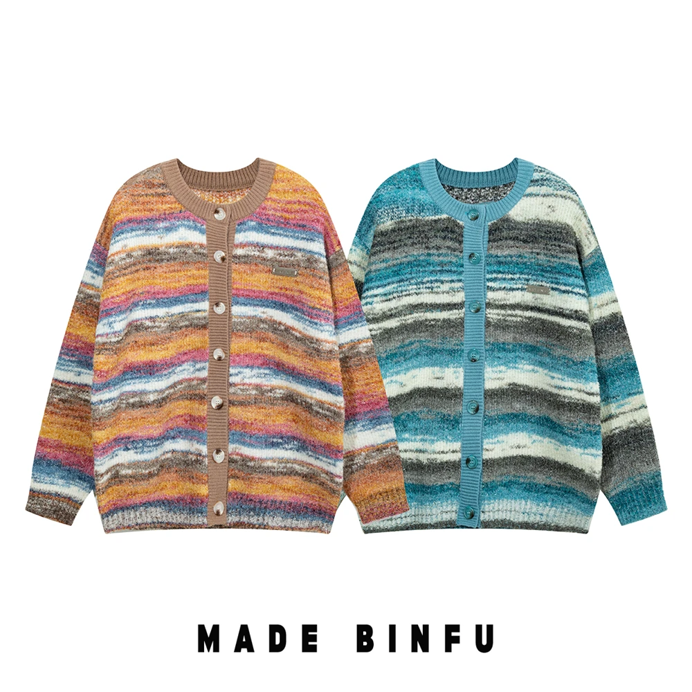 BINFU 国潮定制 2024年秋装 男女同款渐变彩虹复古风毛衣开衫