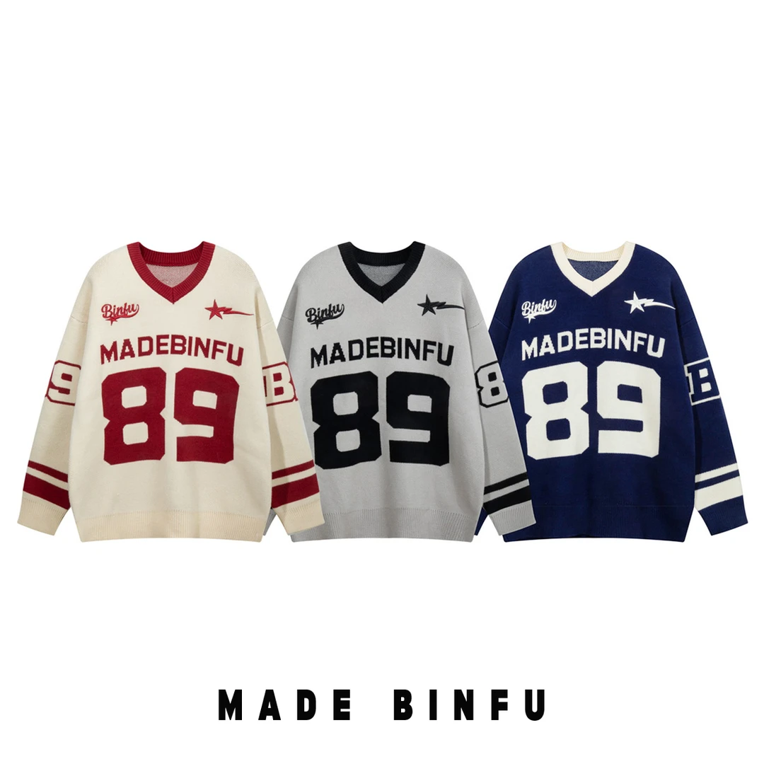 BINFU 崽崽国潮原创棒球学院运动风男女同款撞色刺绣宽松V领毛衣