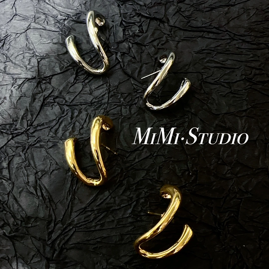 铜合金耳饰 小众简约独特双层几何弯曲百搭耳钉