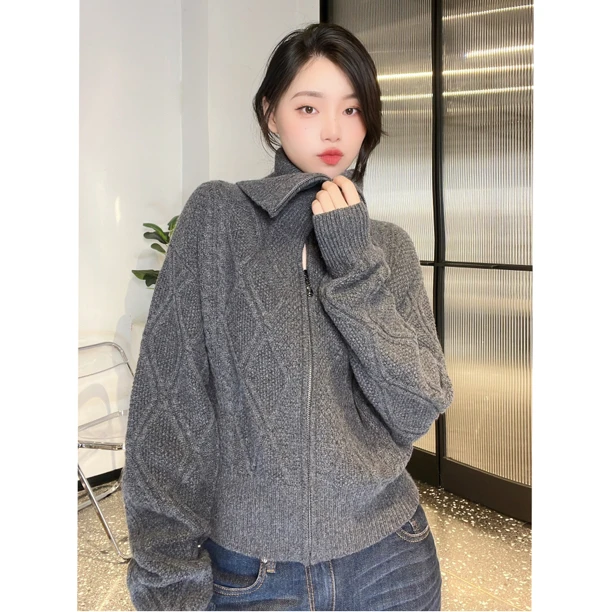 GIRDEAR/哥弟麻花纹秋冬24K年慵懒风开衫拉链针织毛衣1499173