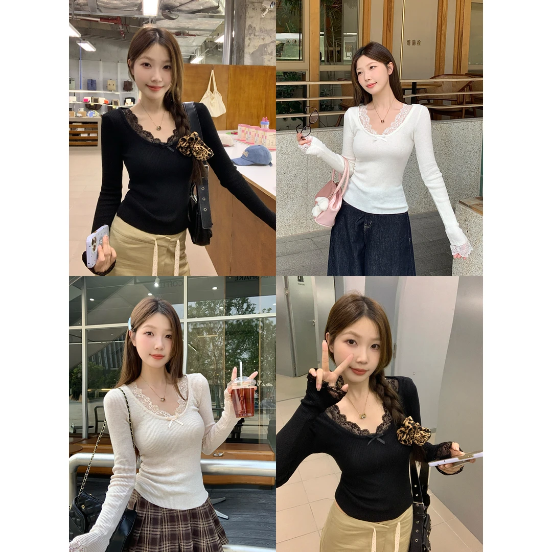百搭设计感蕾丝拼接蝴蝶结修身针织衫打底衫早秋上衣女