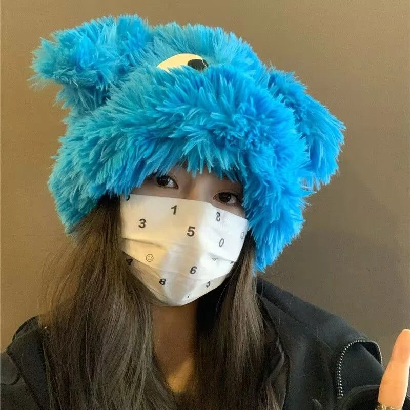 可爱搞怪大眼小狗毛绒帽子女秋冬新款甜美加厚保暖套头护耳包头帽