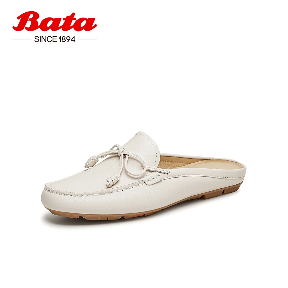 Bata包头凉拖鞋女2024夏季新款百搭英伦羊皮平软底穆勒鞋8582DBH4