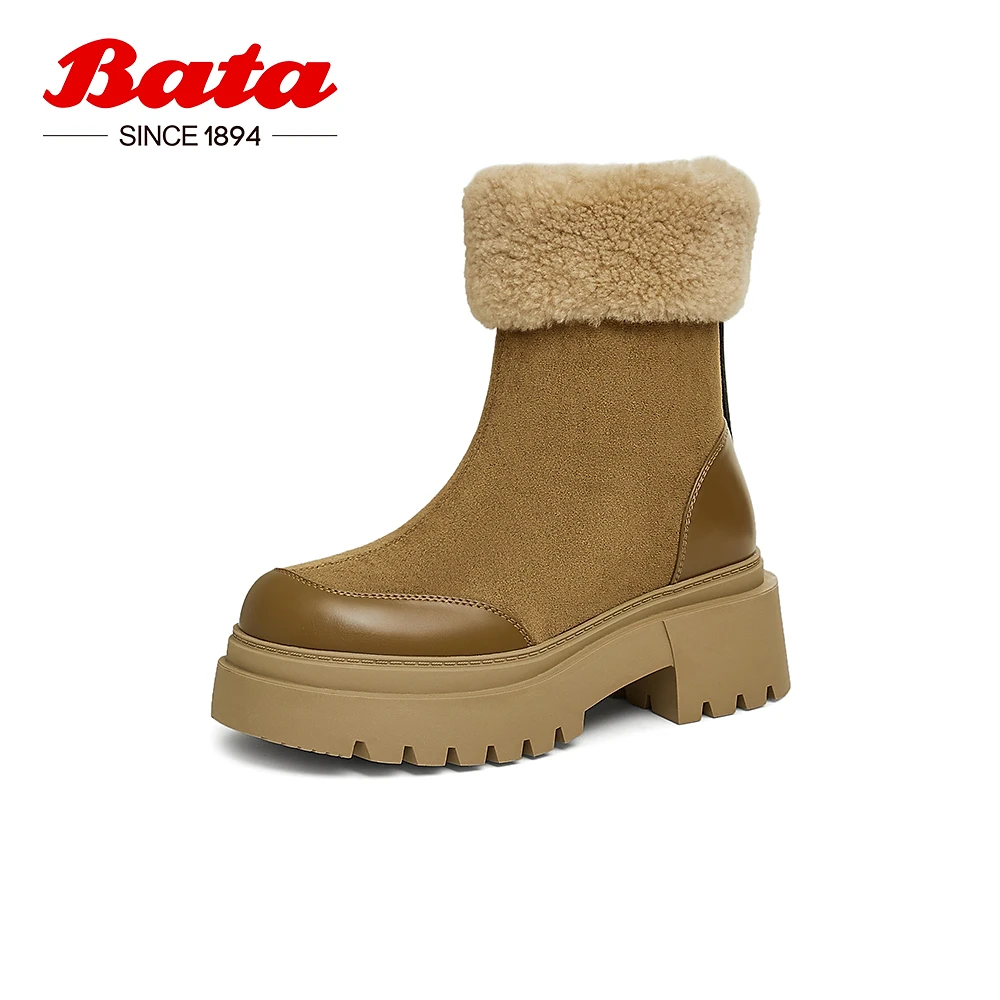 Bata雪顶靴女2024冬季新款粗跟保暖毛毛软底翻翻雪地靴69915DZ4
