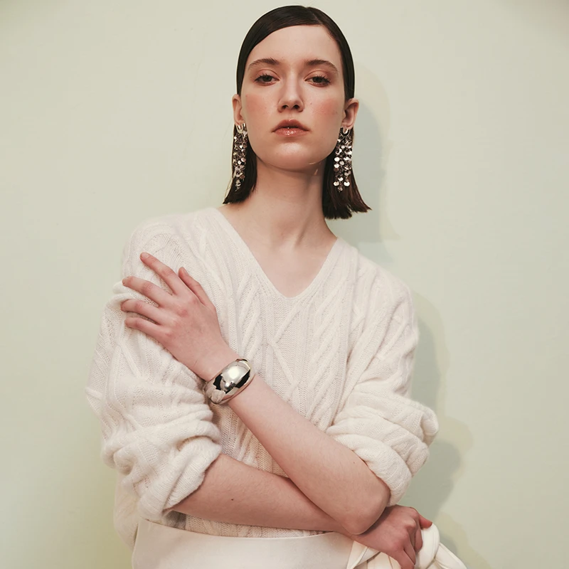 INYASAKO意式miu风定制羊绒混纺复古绞花摩登细闪U领针织衫