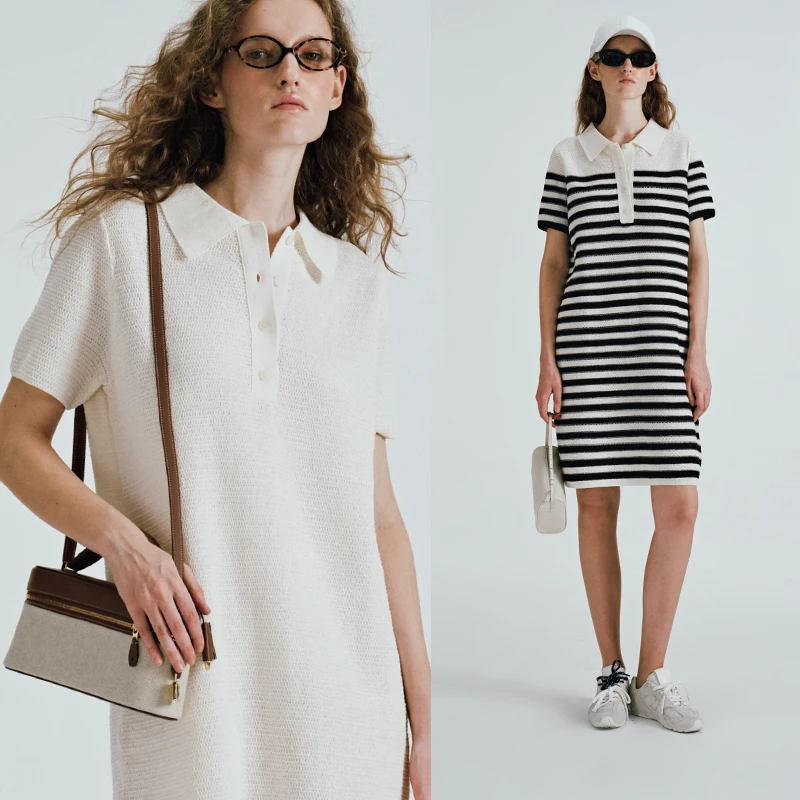 INYASAKO摩登轻松感时髦轻盈氧气感Polo领条纹针织裙