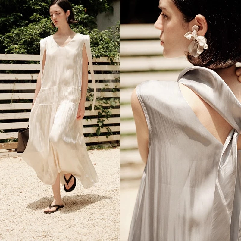 INYASAKO气质元气珠光缎浪漫绑结法式春季蛋糕裙度假感鎏光连衣裙