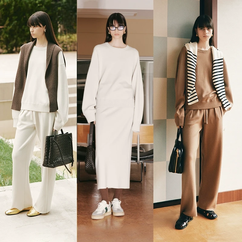 INYASAKO简约佰搭篙街活力时髦美式针织卫衣半裙长裤套装