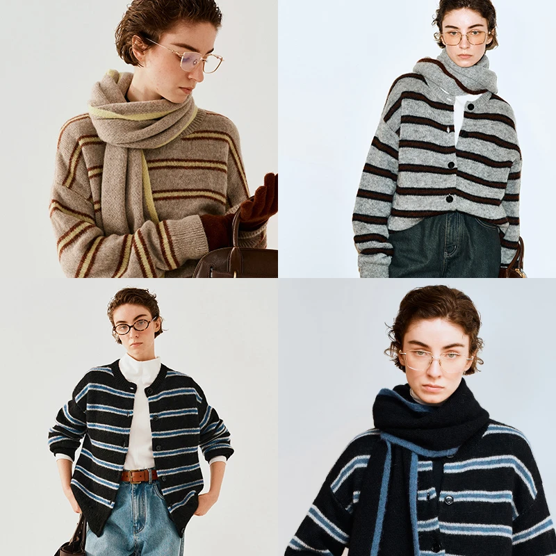 INYASAKO雾色深处定制拼接色羊驼毛条纹开衫/毛衣/围巾