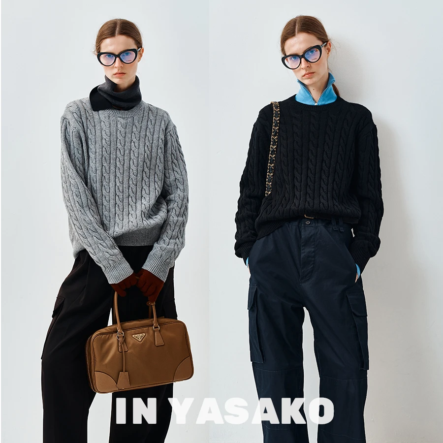 INYASAKO意大利进口羊M羊R复古学院绞花设计感百搭针织衫