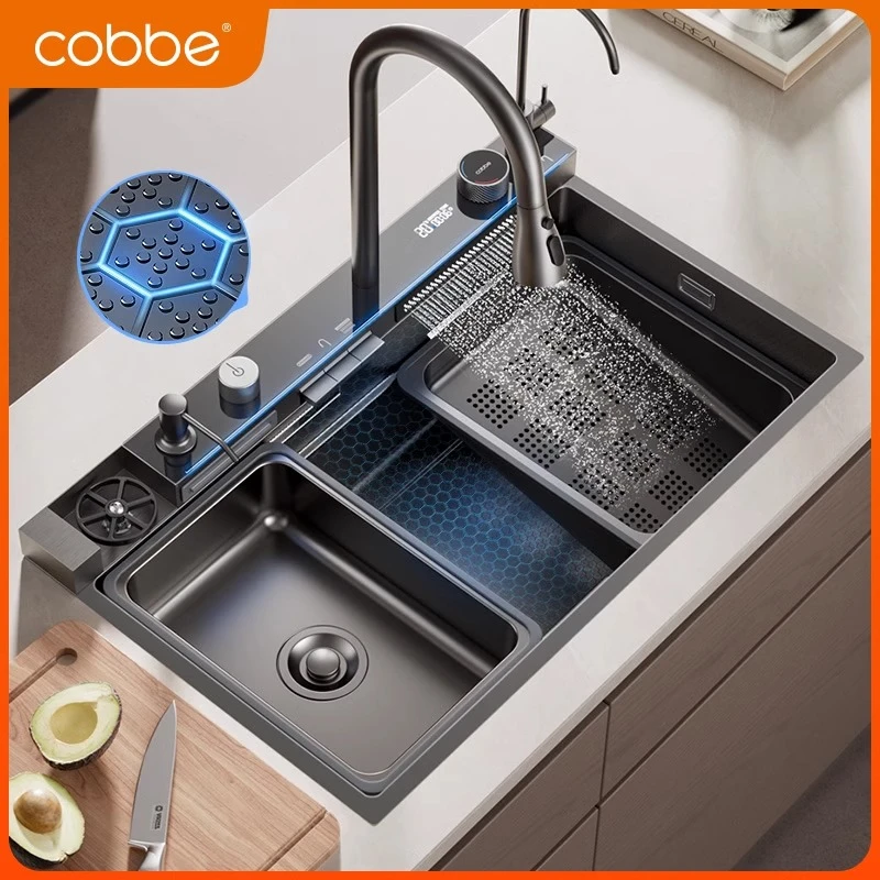 卡贝鲸鱼氛围灯飞雨大单槽304水槽厨房纳米多功能台下洗菜盆控水
