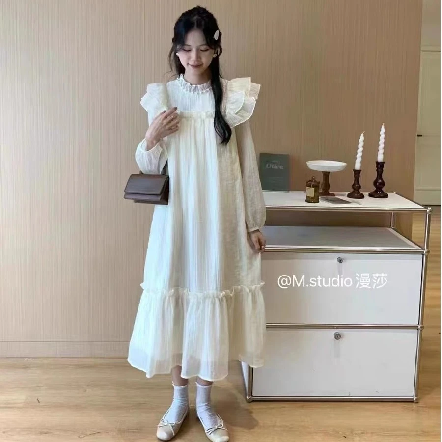 杨杨子【飞飞袖荷叶边】2024年秋装新款韩版长袖钉珠长款质感连衣裙