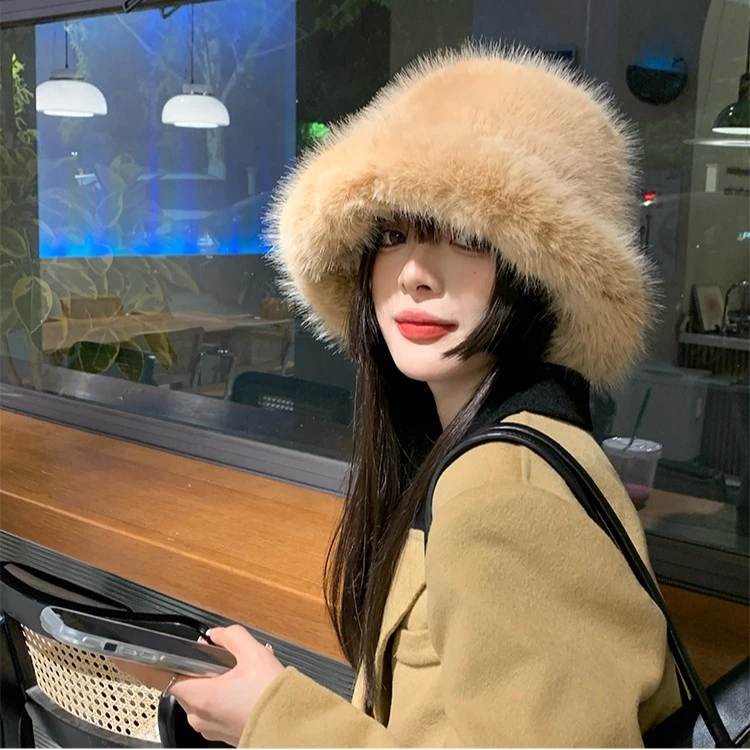 纯萃美2025秋冬毛绒帽仿皮草冬天女季高贵上档次帽子孩防晒渔夫帽