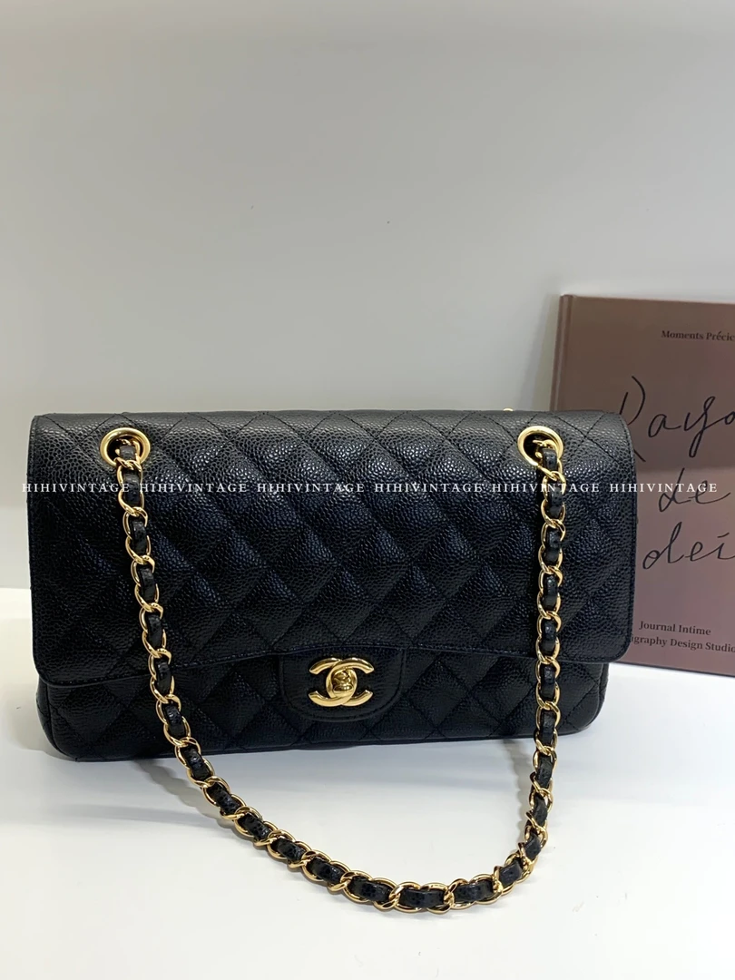 95新 Chanel/香奈儿 HIHI精选/ 黑金荔枝纹中号CF