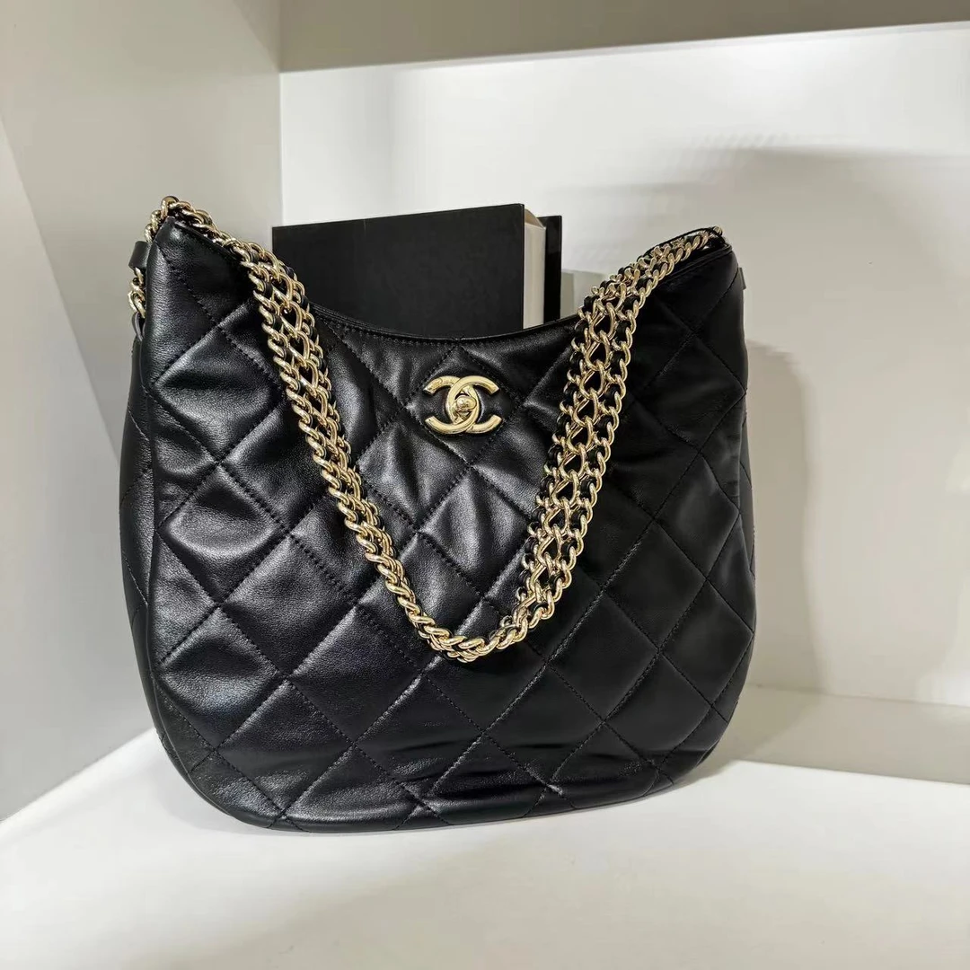 99新 Chanel/香奈儿 HIHI/Chanel黑金皮穿链hobo单肩包7918281