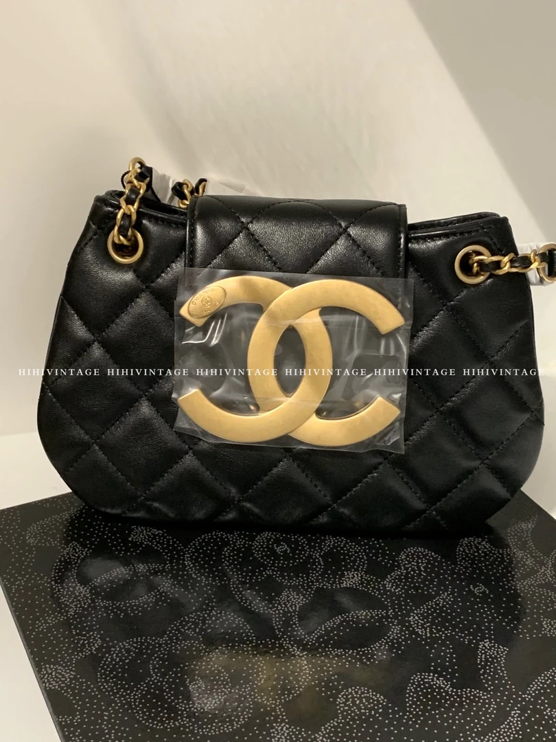 全新未使用 Chanel/香奈儿 HIHI/24C黑金菱格纹HOBO大logo包