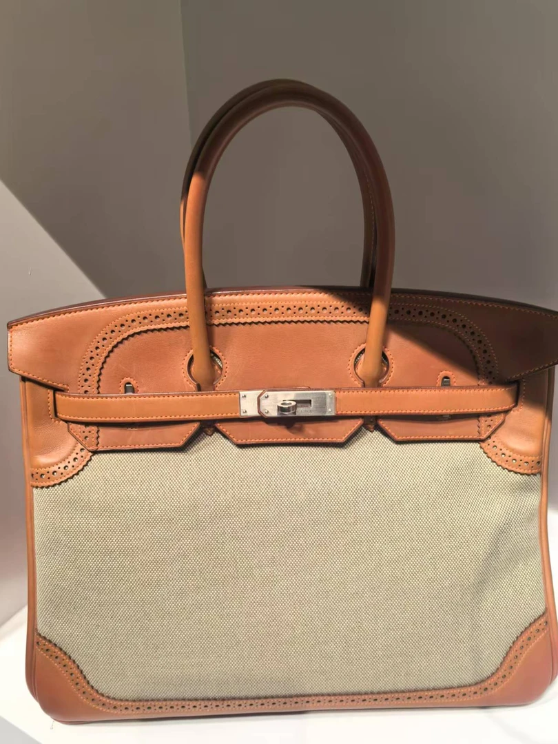 95新 Hermes/爱马仕 HIHI/马鞍蕾丝边拼帆布Birkin35 7056601JL