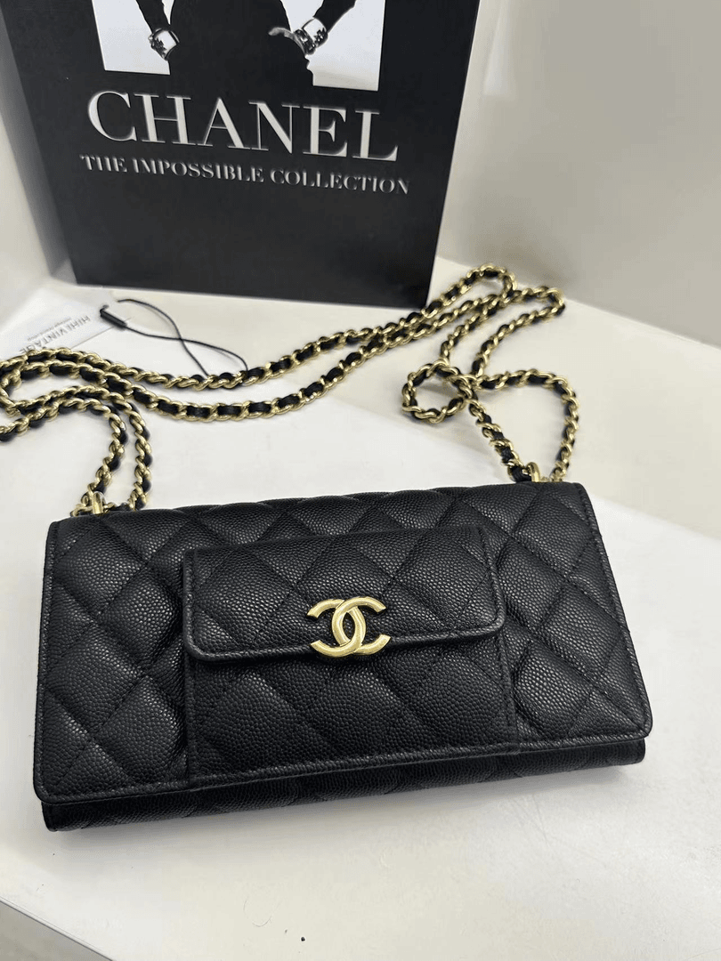 99新 Chanel/香奈儿 HIHI精选/黑金荔枝纹二合一双链条woc