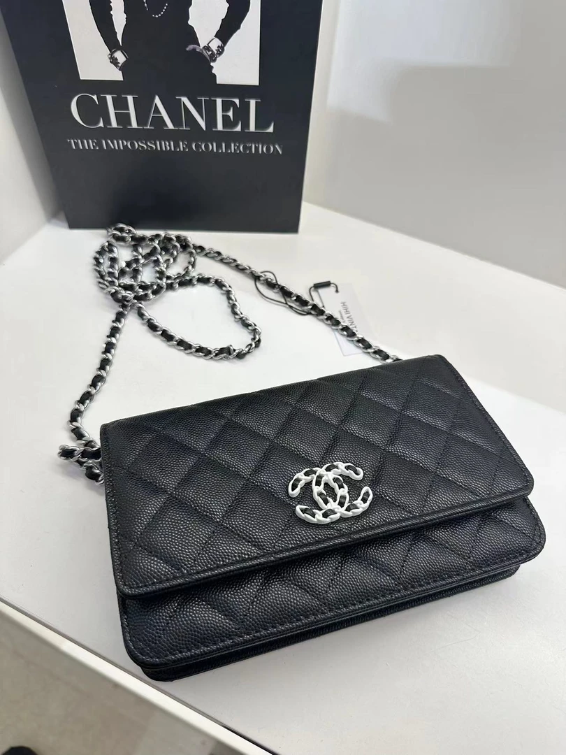 99新 Chanel/香奈儿 HIHI精选/ 黑色黑白皮穿链双C扣woc链条包 芯