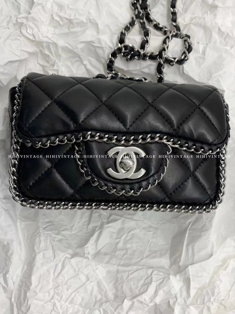 95新 Chanel/香奈儿 HIHI/黑银滚边超mini 单肩斜挎包/8885487JL